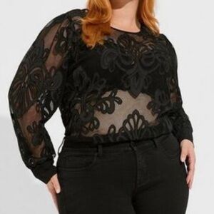 NWT-Torrid Mesh with embroidery long sleeve blouse. Size 2X Deep black color